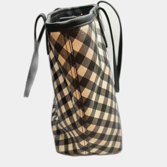 Talbots Gingham Tote WHT BLK Open Zip Top 2 Interior Pockets Wide Bottom - Picture 2 of 11